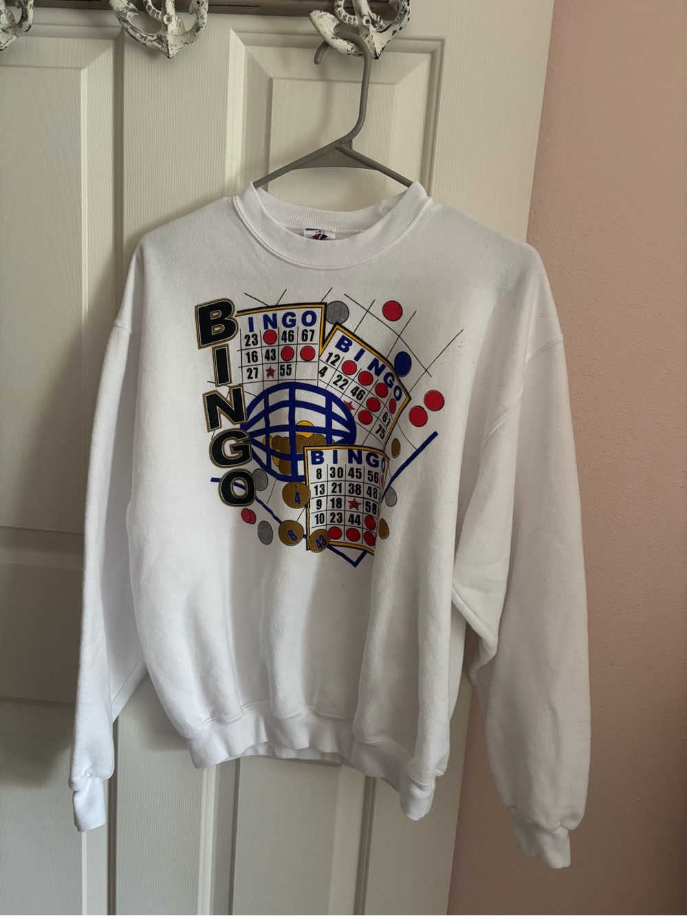 Vintage Bingo Sweater Womens Med White Long Sleeve Crew Grandmacore Lotto